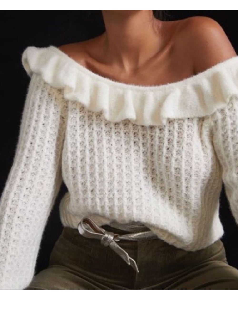 Anthropologie Ruffled Boat Neck Wool Blend Sweater
